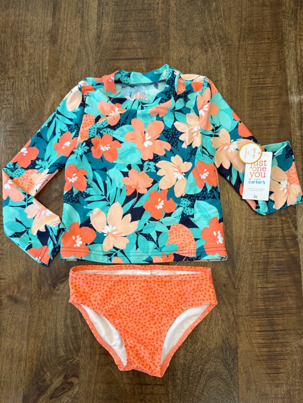 Carter's Teal & Coral Floral Long-Sleeve Rashguard Two-Piece Swim Set